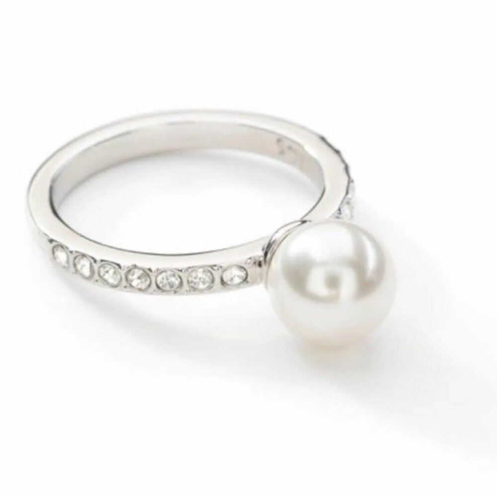 Touchstone Crystal by Swarovski LUSTER RING Crystal Pearl Rhodium Plating Size 6